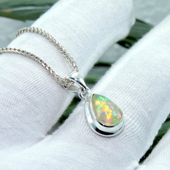 Opal Gemstone Sterling Silver Pendant With Adjustable Chain, Tiny Pendant - Picture 2 of 6